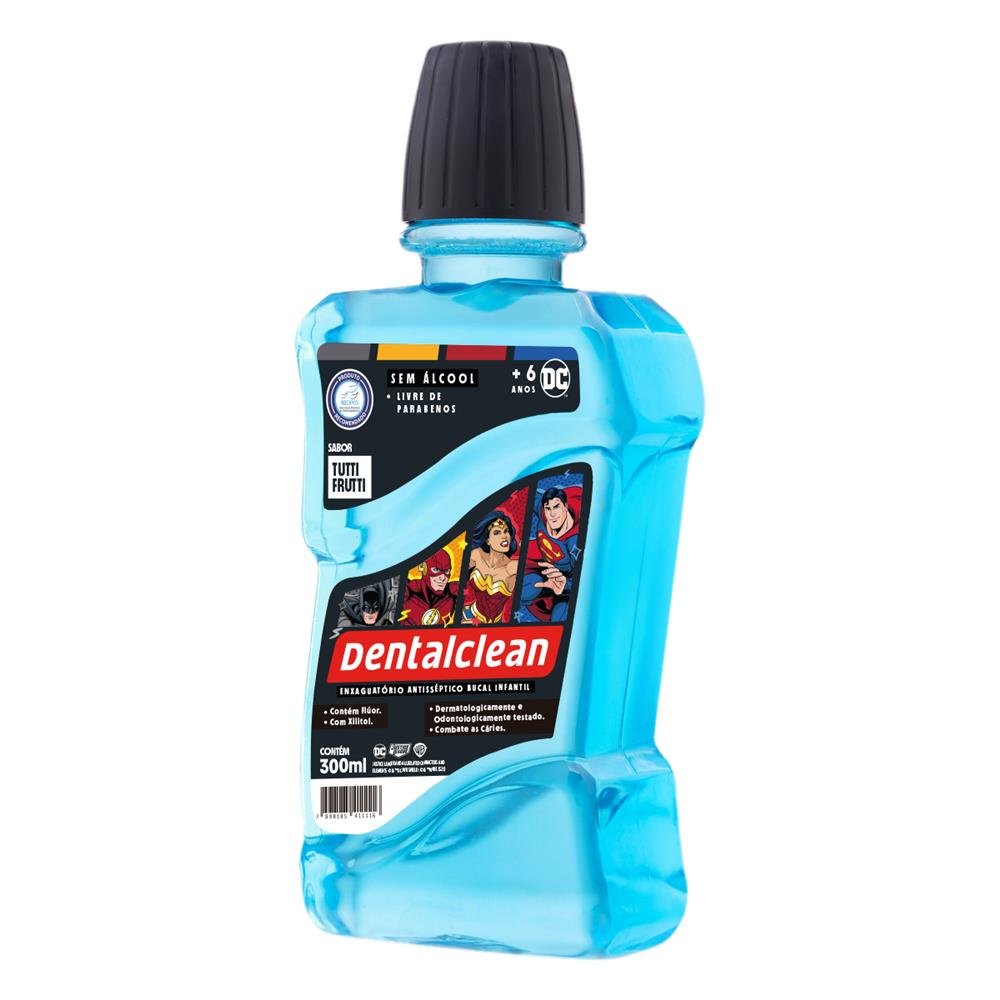 Enxaguante Bucal Infantil Antisséptico Zero Álcool Tutti Frutti Liga da Justiça Dentalclean Frasco 300ml