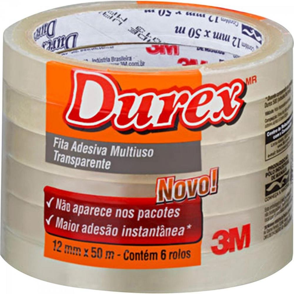 Fita Durex 12mm x 50m Transparente 3M - Pacote com 6 Unidades
