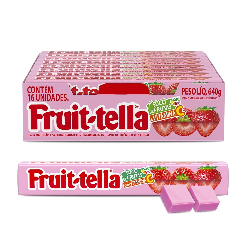Bala Fruit-tella de Morango Mastigável - Embalagem com 16 Unidades
