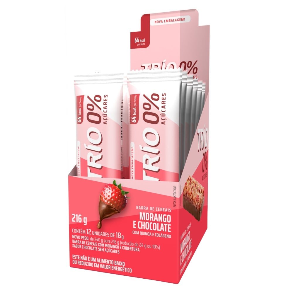 Barra Cereal Trio Zero Morango com Chocolate 18g - Embalagem com 12 Unidades