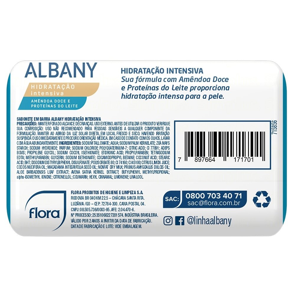Sabonete Albany Feminino Hidratação Intensiva Amêndoa Doce e Proteína do Leite 85g Embalagem com 12 Unidades