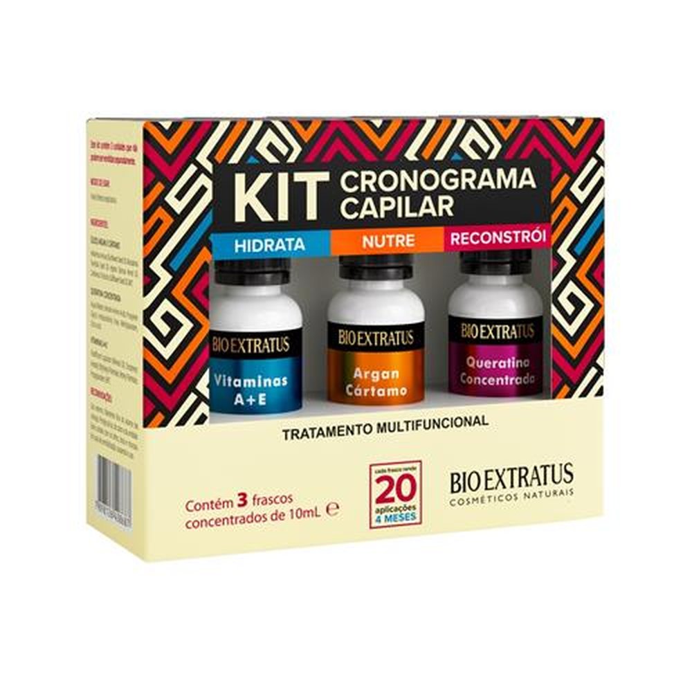 Kit Cronograma Capilar BioExtratus 3 Frascos: Vitamina A+E, Argan Cartamo, Queratina Concentrada 10ml cada