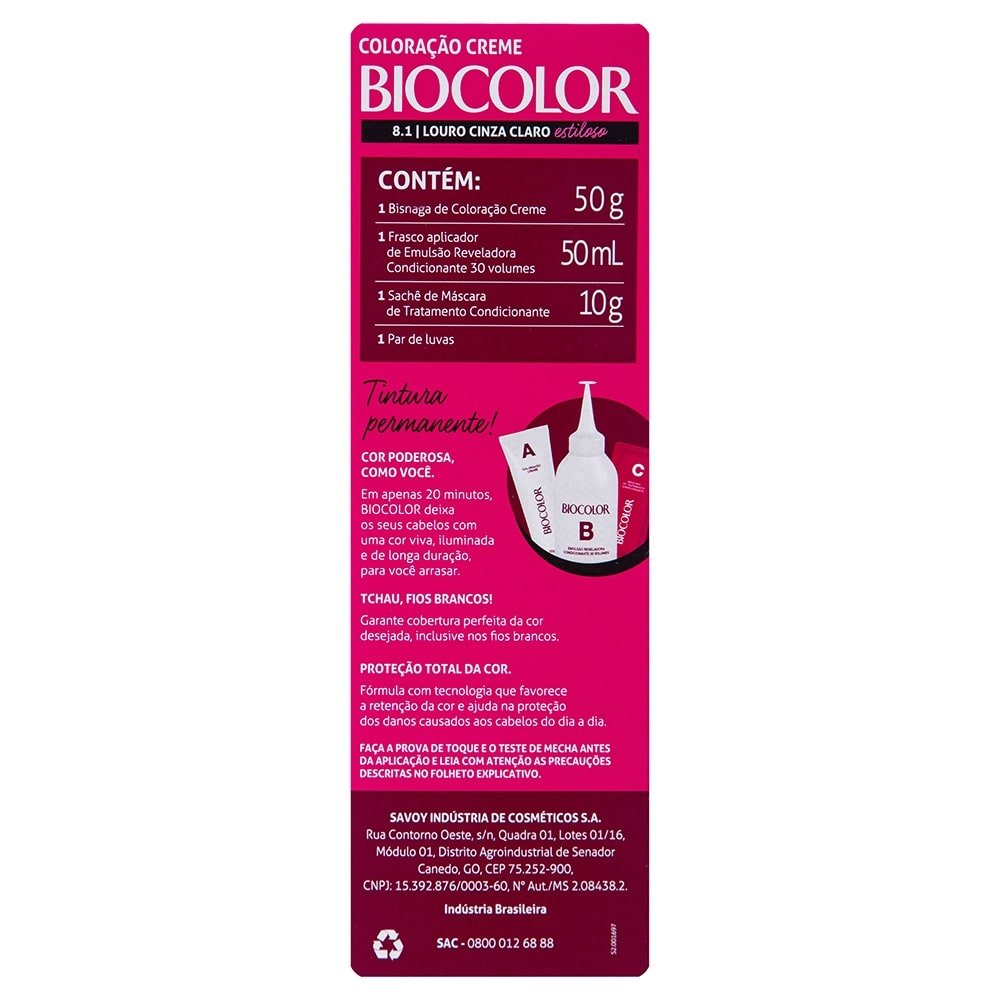 Tintura Biocolor Creme Mini Kit 8.1 Louro Acinzentado