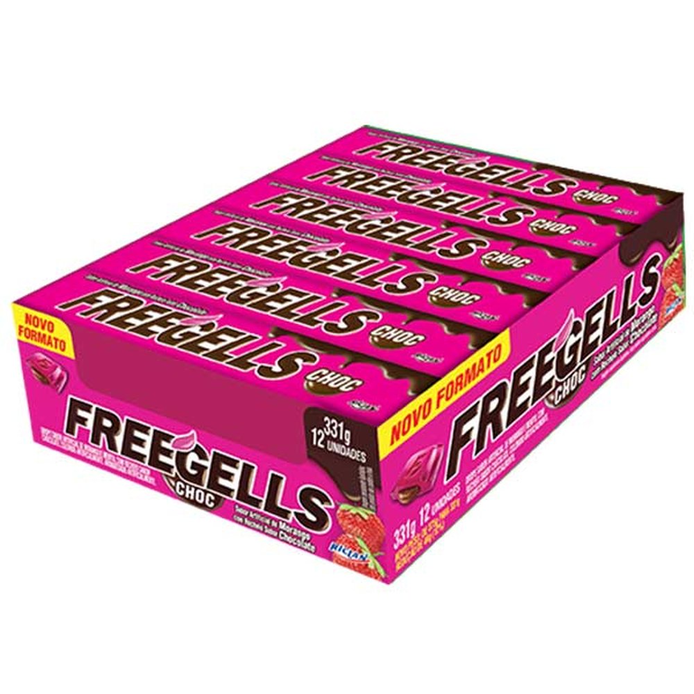 Drops Freegells Display Com 12 Unidades Sabor Morango Com Chocolate Riclan