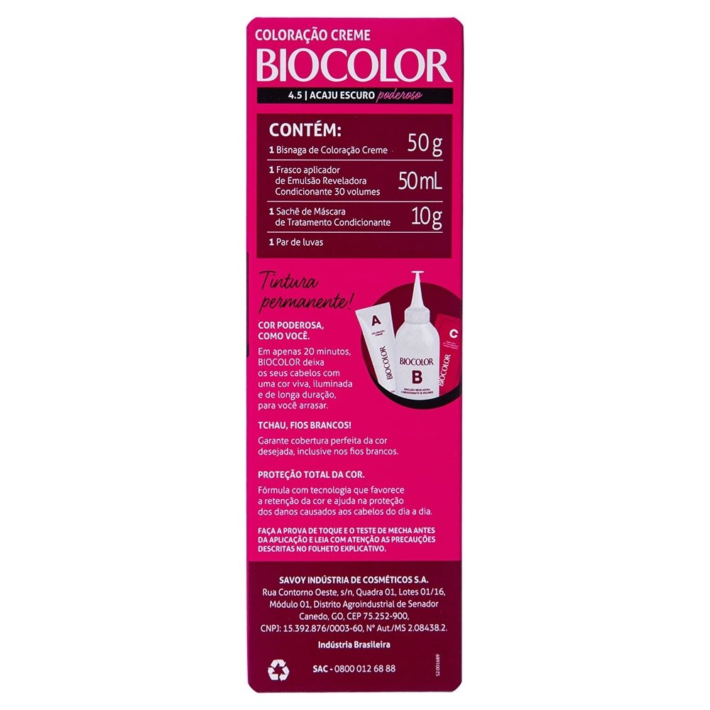 Tintura Biocolor Creme Mini Kit 4.5 Acaju Escuro Poderoso