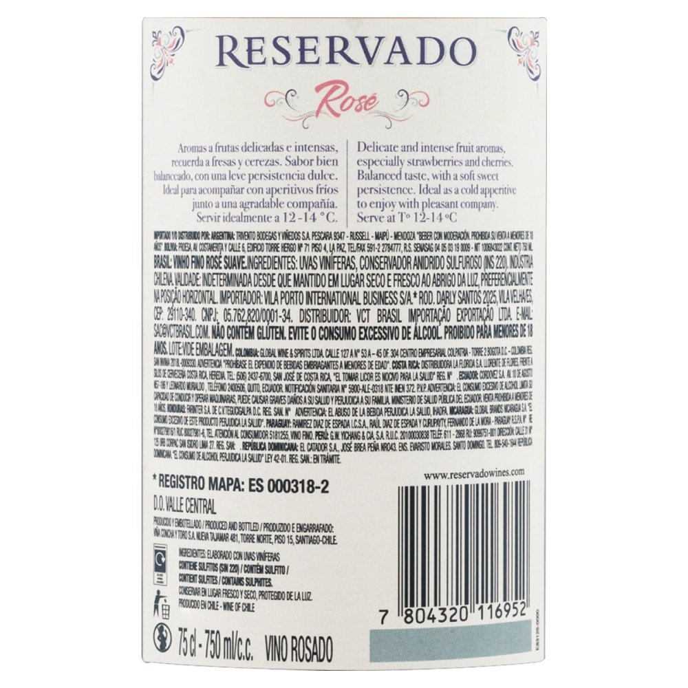 Vinho Chileno Concha Y Toro Reservado Rose Suave 750ml