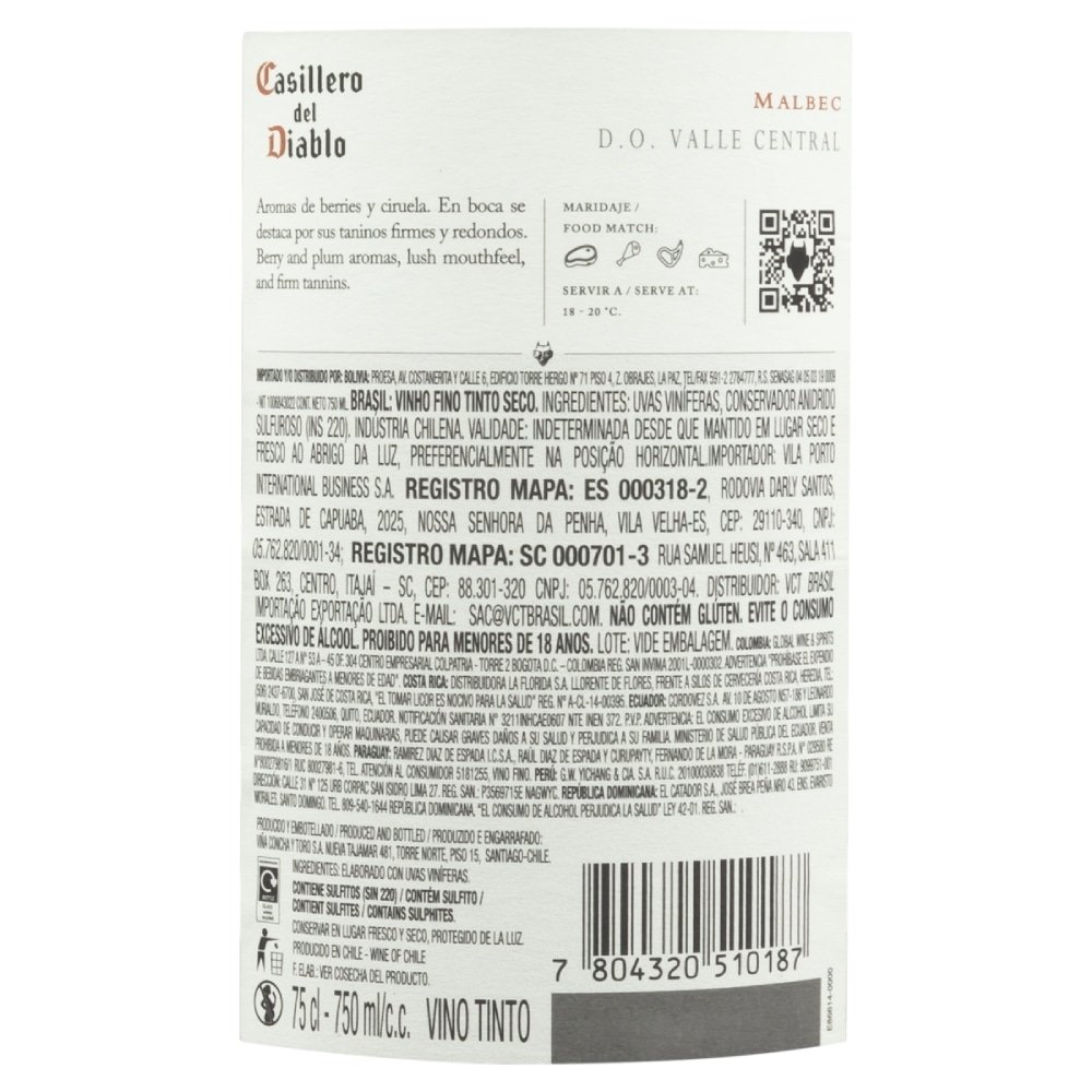 Vinho Chileno Casillero Del Diablo Malbec Tinto 750ml