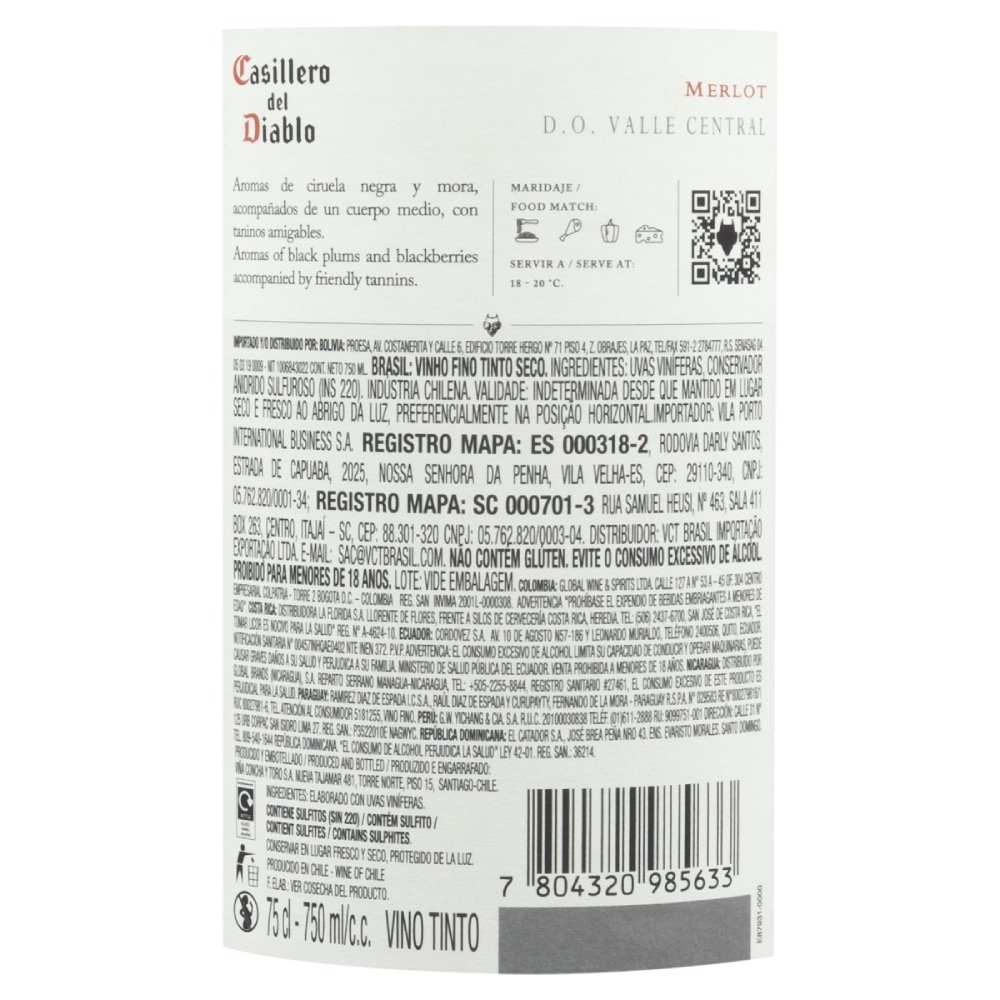 Vinho Chileno Casillero Del Diablo Merlot Tinto750ml