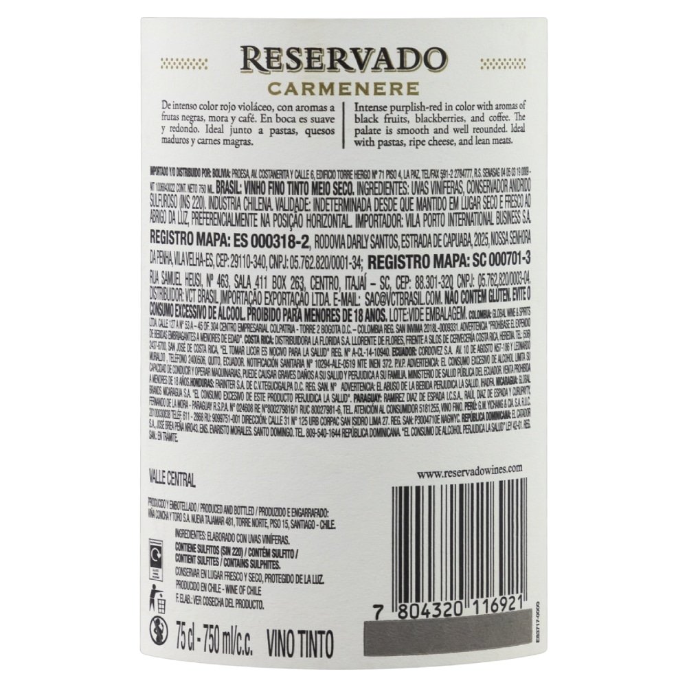 Vinho Chileno Concha Y Toro Reservado Carménère Tinto Meio Seco 750ml