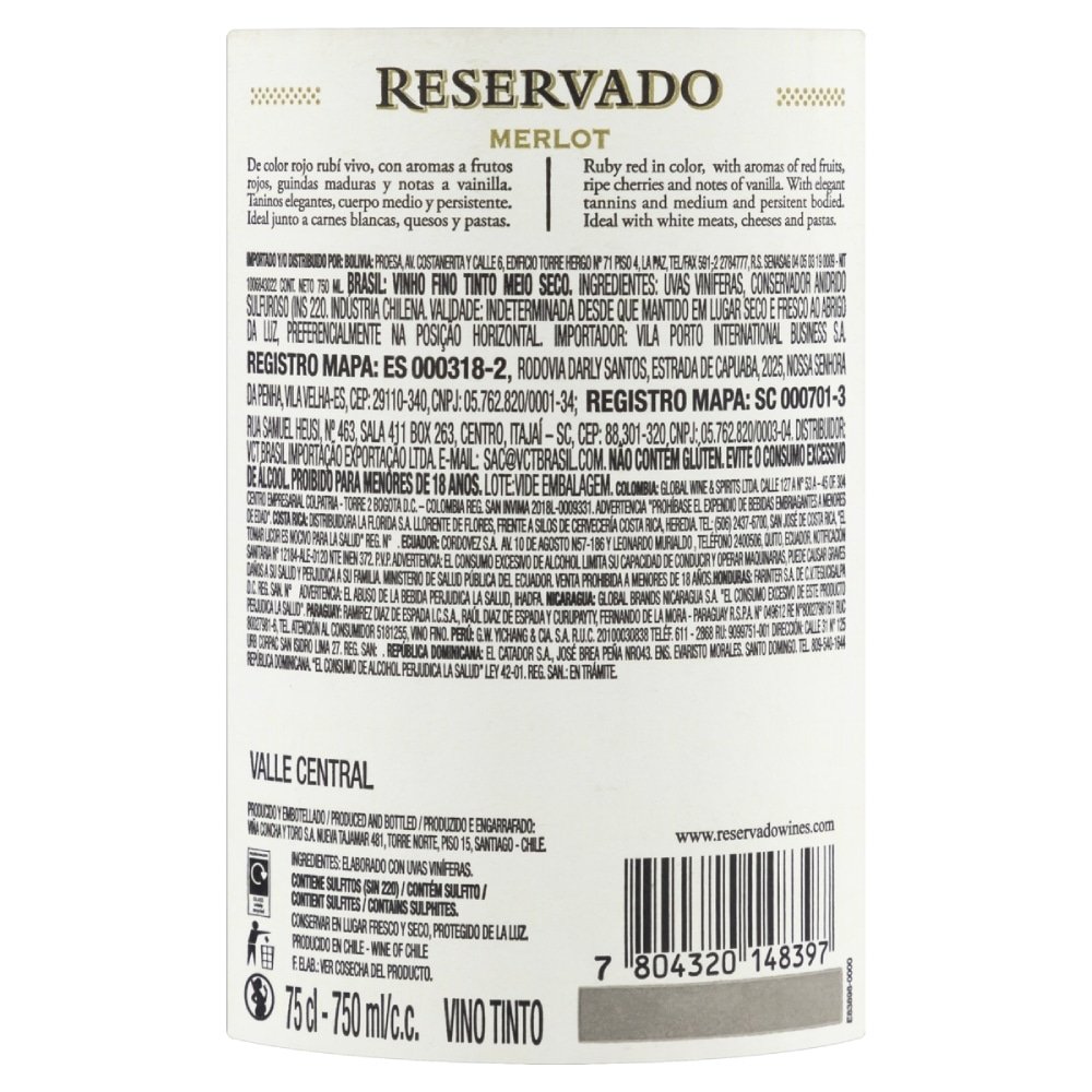 Vinho Chileno Concha Y Toro Reservado Merlot Tinto Meio Seco 750ml