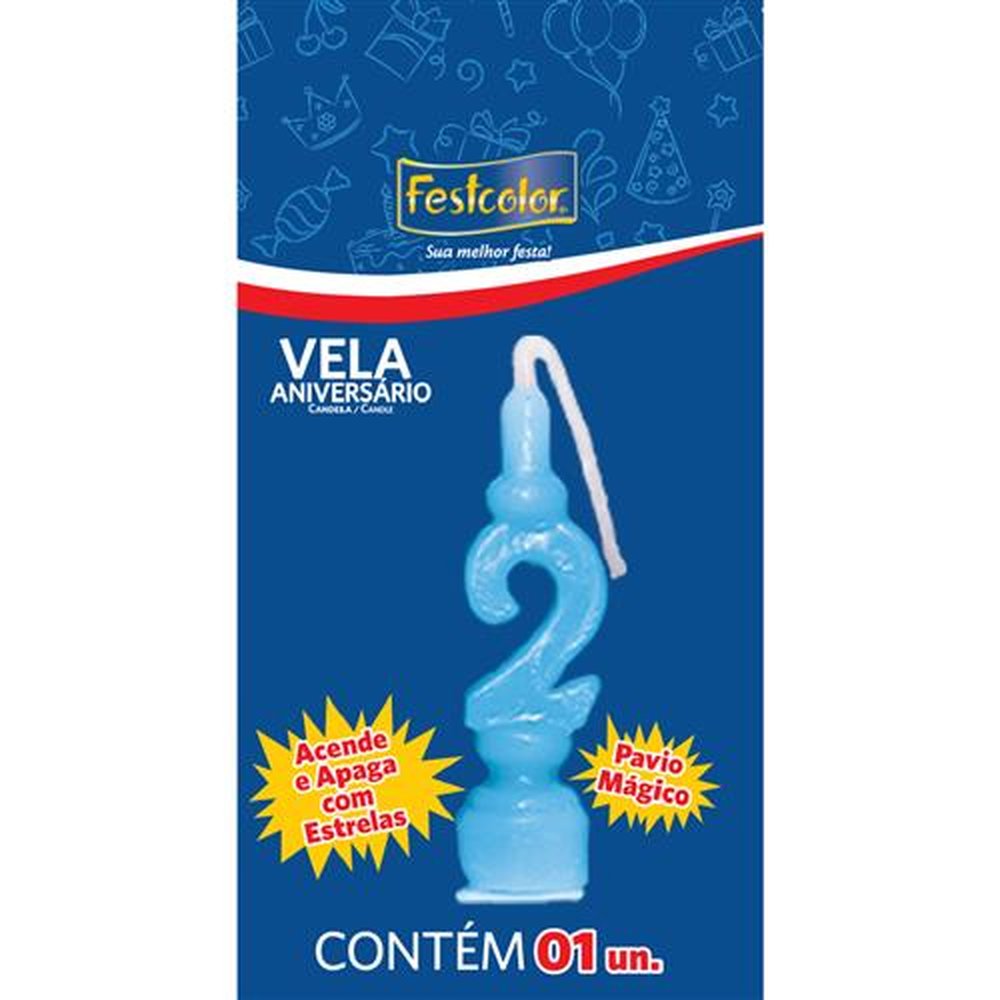 Vela Aniversario Numero Azul N 2 - Embalagem com 1 unidade.