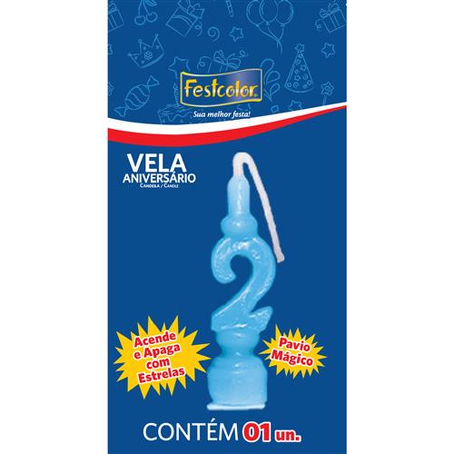 Vela Aniversario Numero Azul N 2 - Embalagem com 1 unidade.
