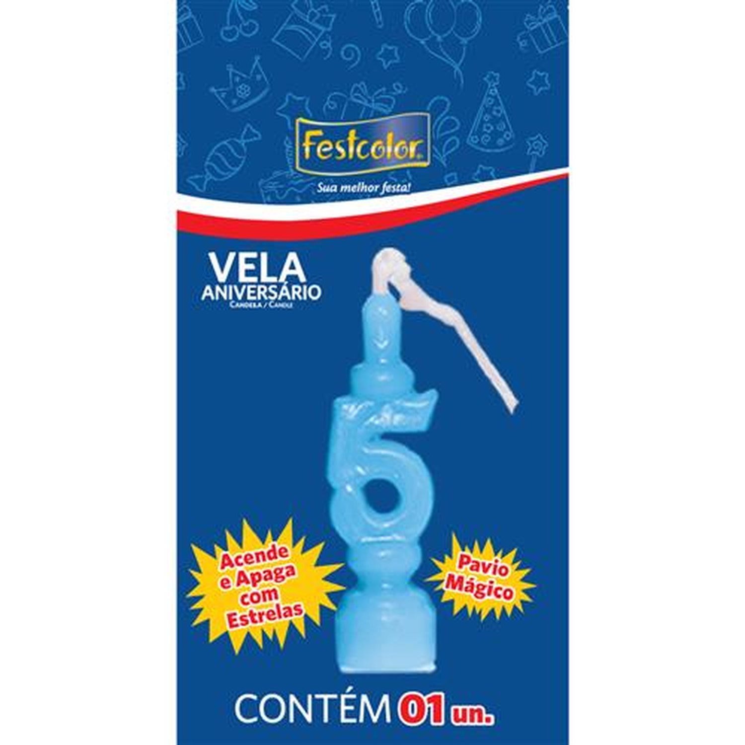 Vela Aniversario Numero Azul N 5 - Embalagem com 1 unidade.