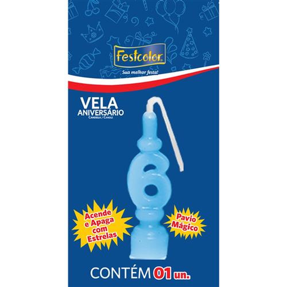 Vela Aniversario Numero Azul N 6 - Embalagem com 1 unidade.