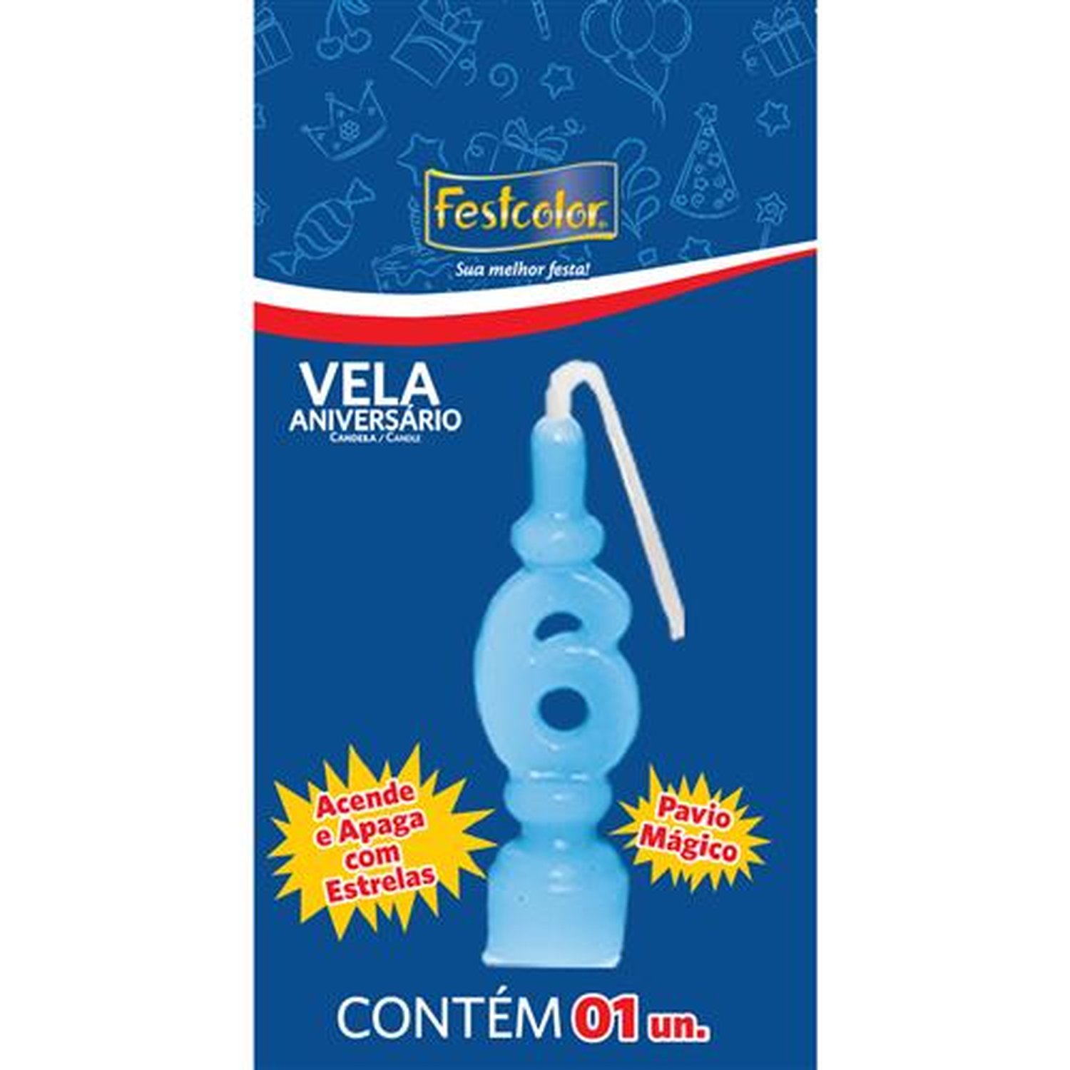 Vela Aniversario Numero Azul N 6 - Embalagem com 1 unidade.