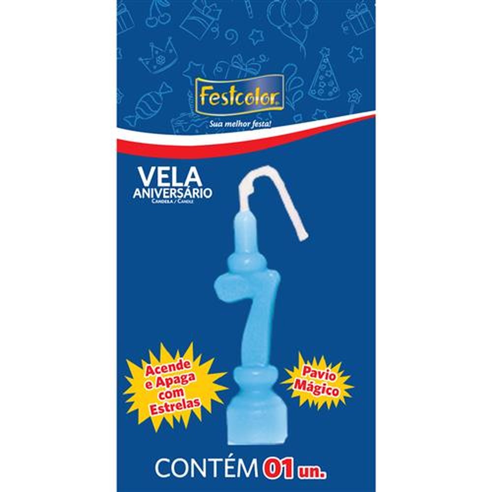 Vela Aniversario Numero Azul N 7 - Embalagem com 1 unidade.