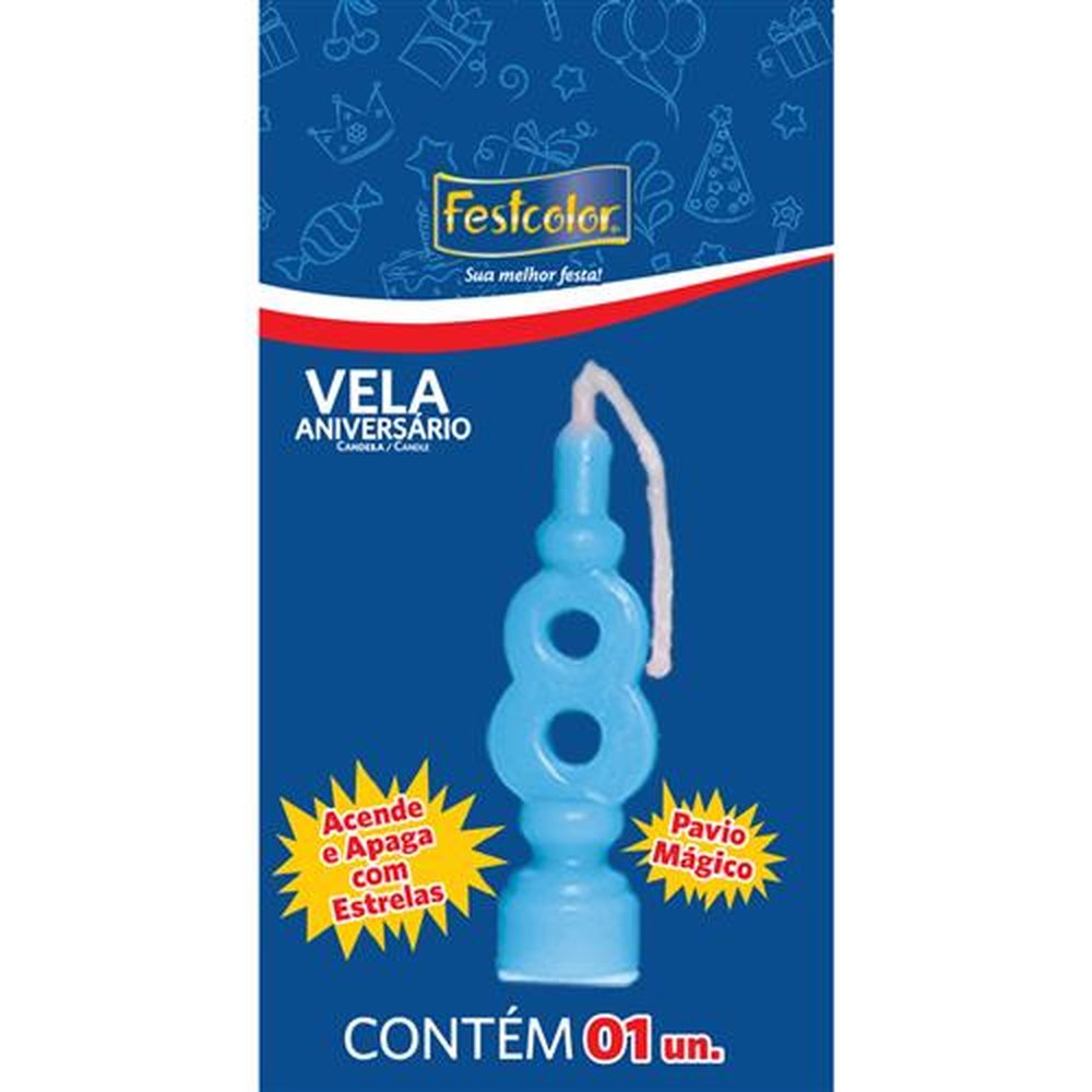 Vela Aniversario Numero Azul N 8 - Embalagem com 1 unidade.