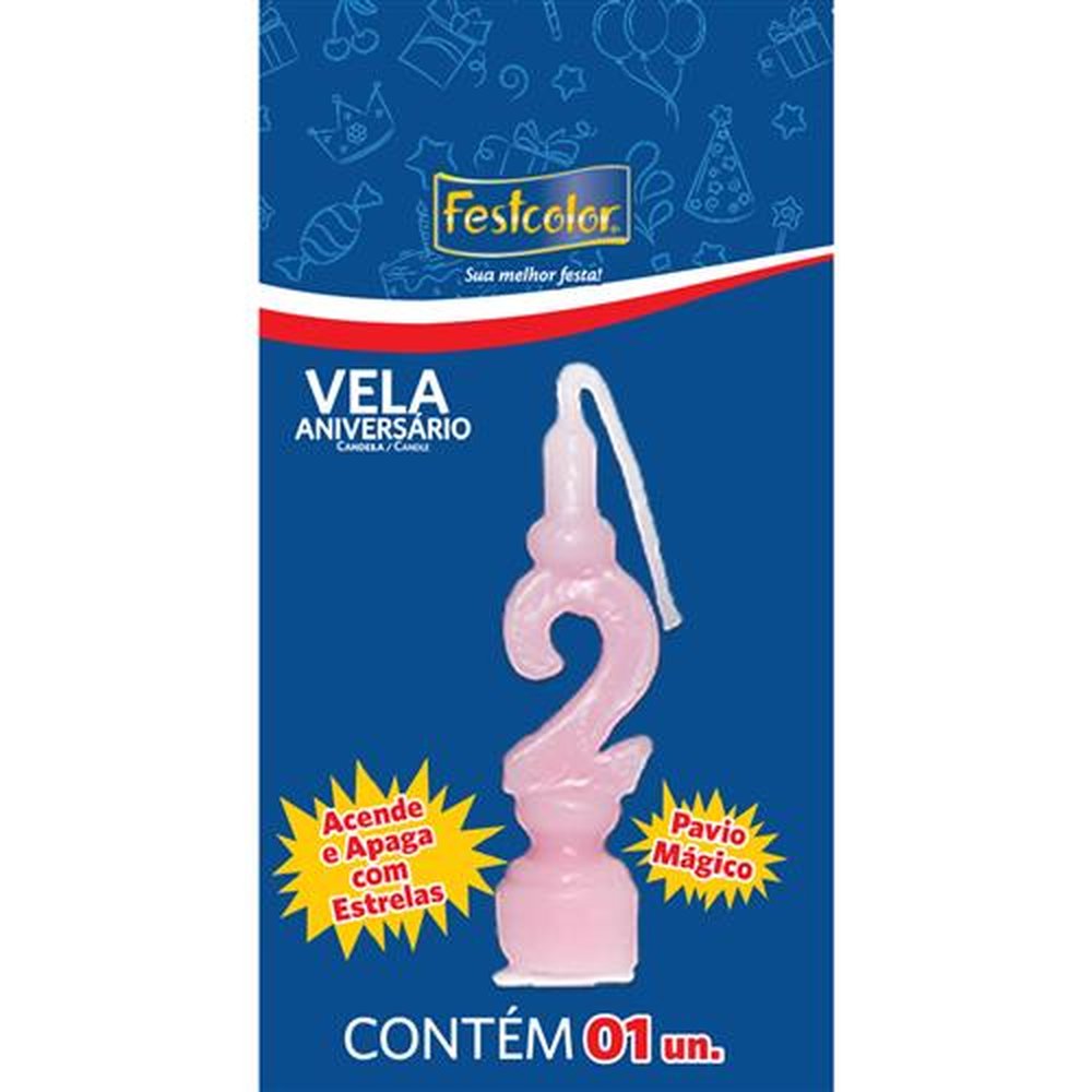 Vela Aniversario Numero Rosa N 2 - Embalagem com 1 unidade.