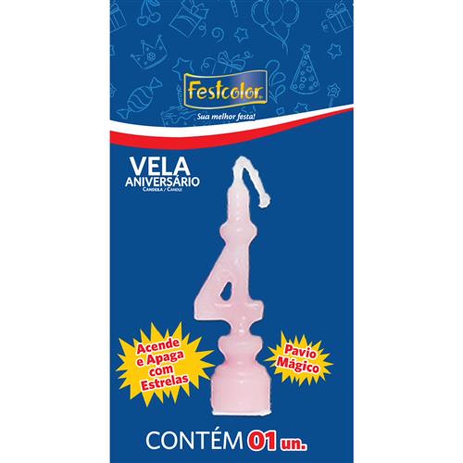 Vela Aniversario Numero Rosa N 4 - Embalagem com 1 unidade.
