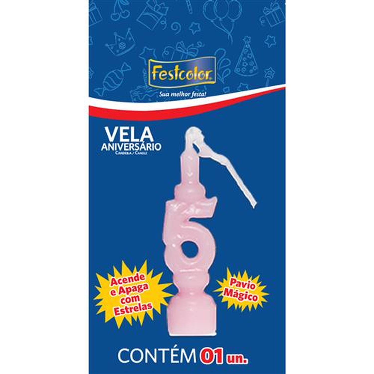Vela Aniversario Numero Rosa N 5 - Embalagem com 1 unidade.