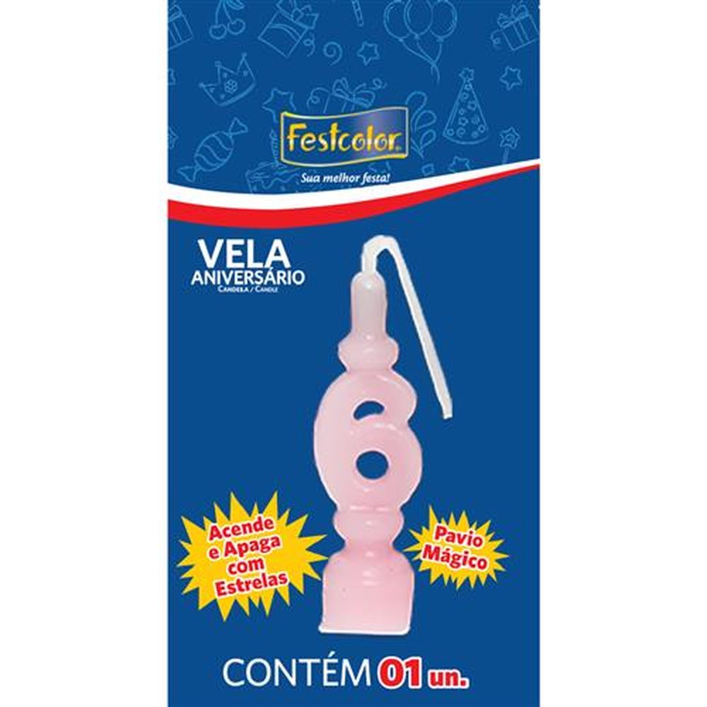 Vela Aniversario Numero Rosa N 6 - Embalagem com 1 unidade.