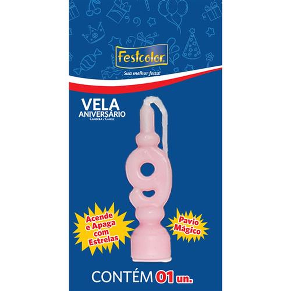 Vela Aniversario Numero Rosa N 9 - Embalagem com 1 unidade.