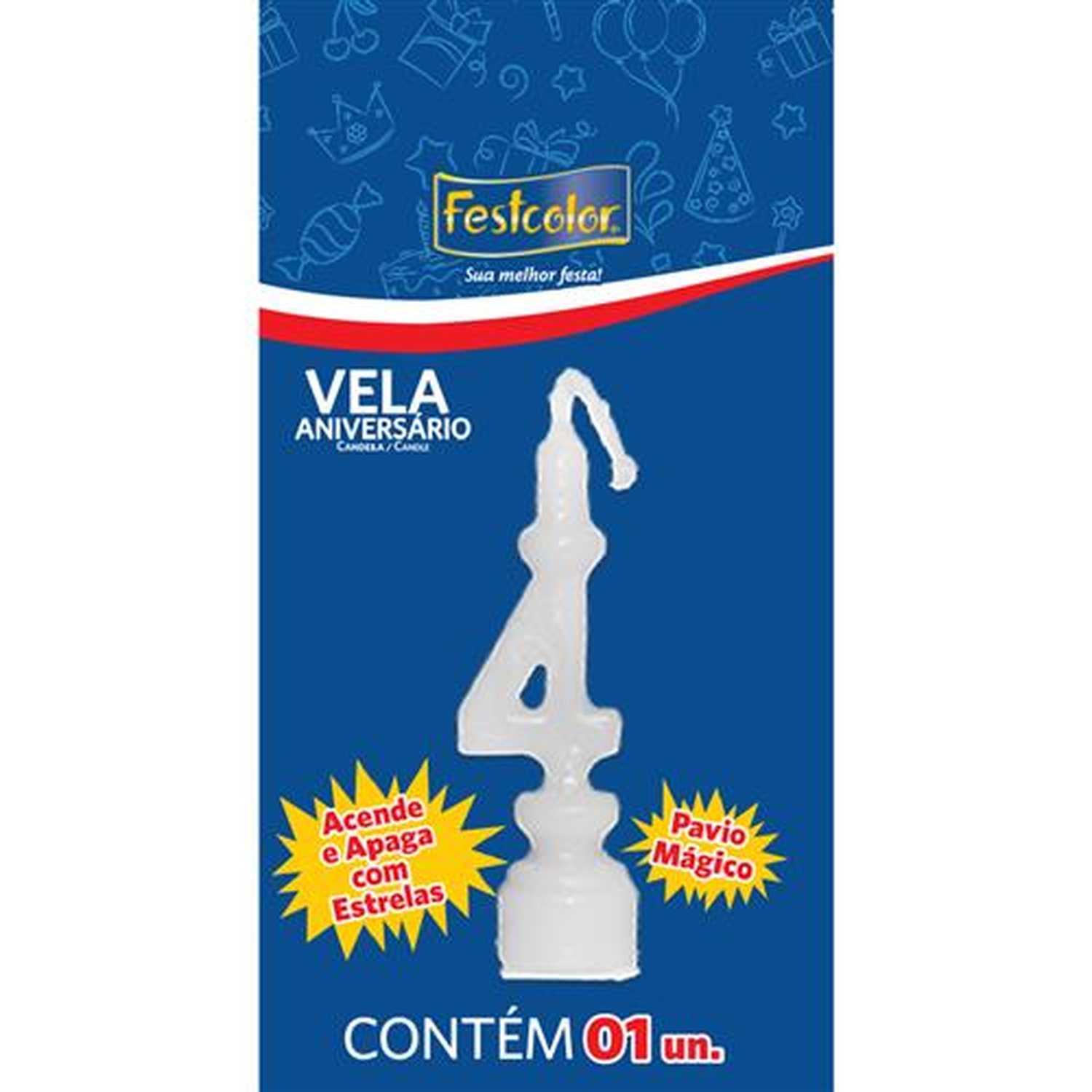Vela Aniversario Numero Branca N 4 - Embalagem com 1 unidade.