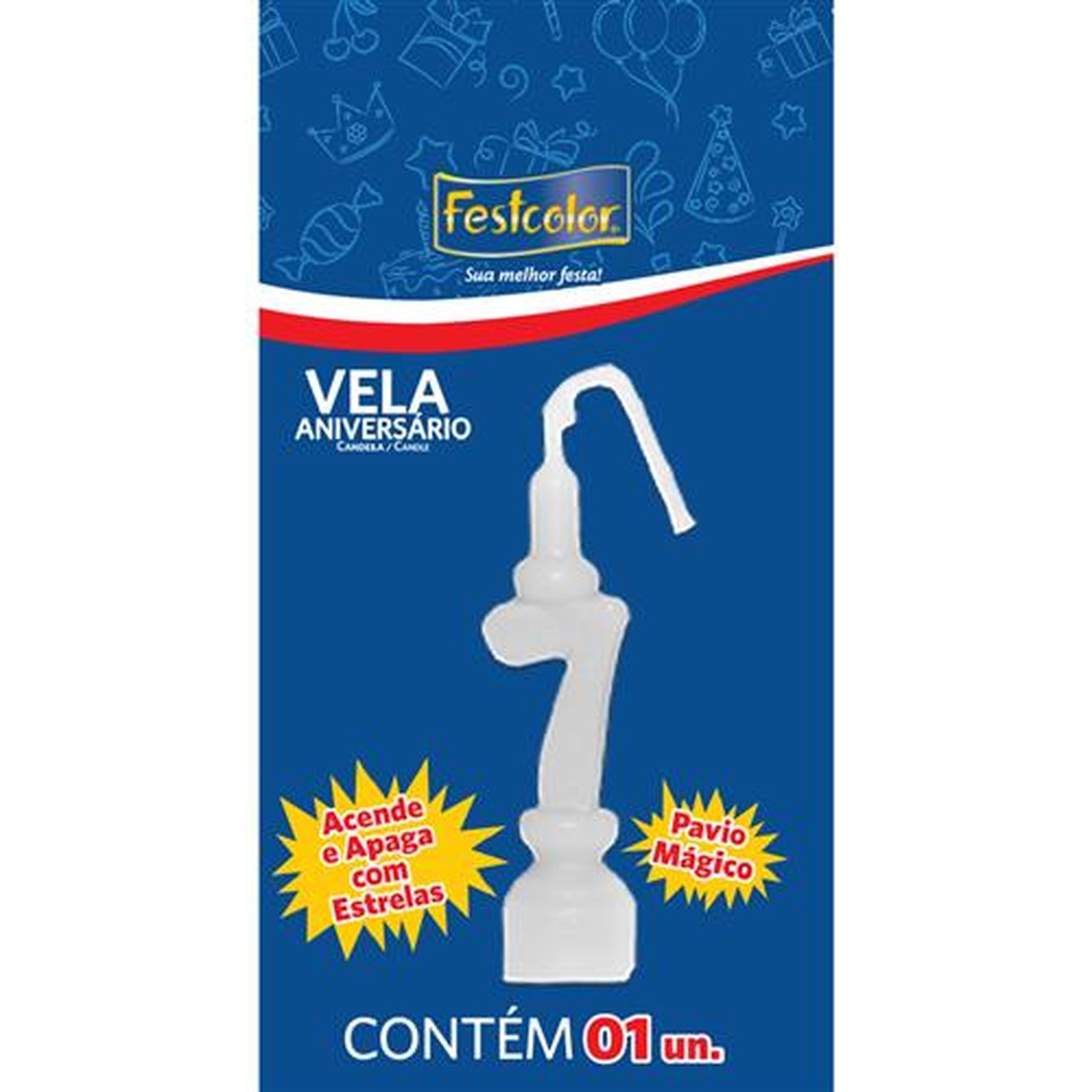 Vela Aniversario Numero Branca N 7 - Embalagem com 1 unidade.