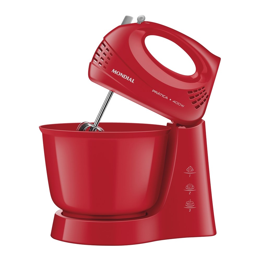 Batedeira Mondial Prática B44R - 3 Velocidades + Turbo, 1 Tigela, 400W, Vermelha 110V