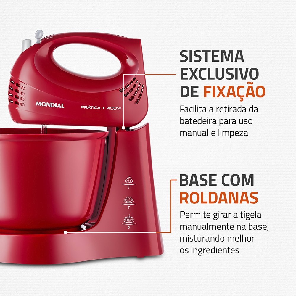 Batedeira Mondial Prática B44R - 3 Velocidades + Turbo, 1 Tigela, 400W, Vermelha 110V