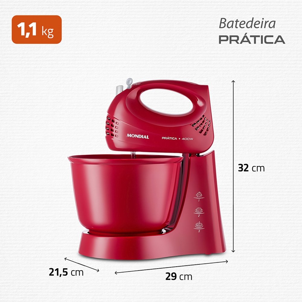 Batedeira Mondial Prática B44R - 3 Velocidades + Turbo, 1 Tigela, 400W, Vermelha 110V