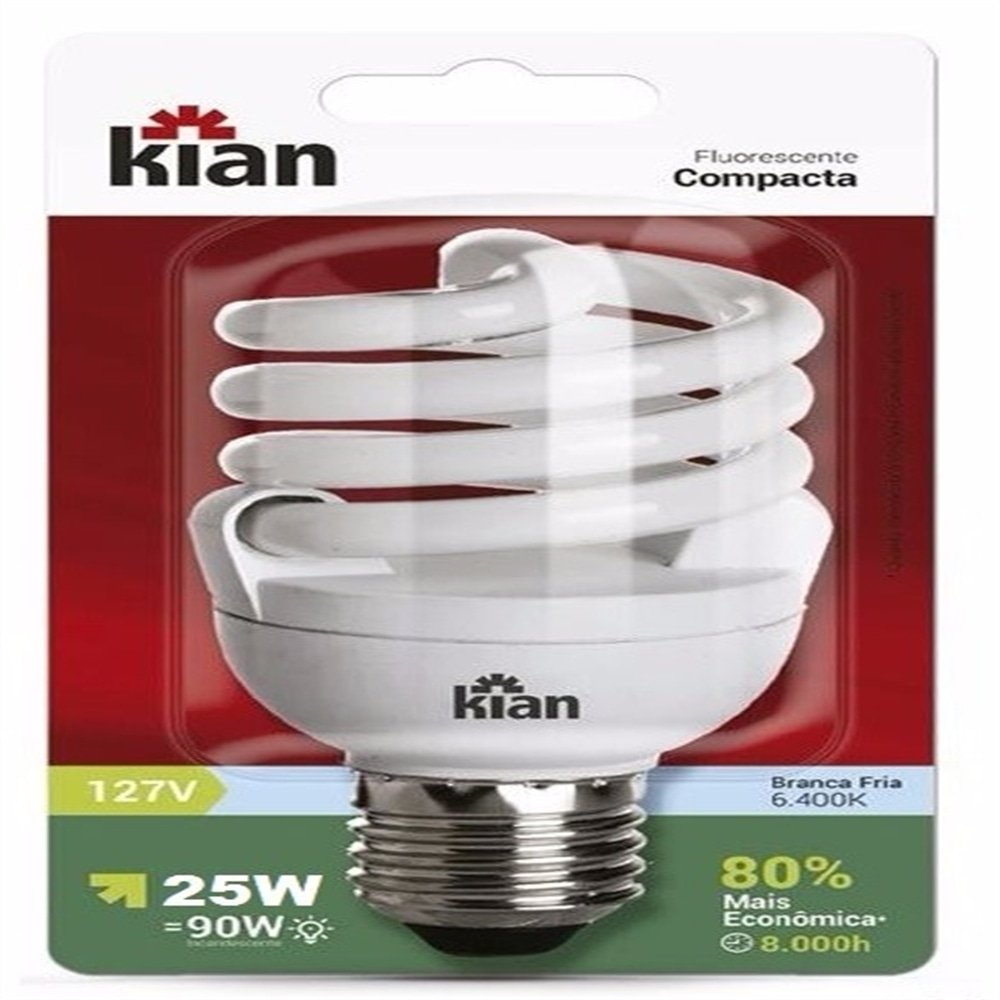 Lâmpada Eletrônica Espiral Kian 127x25W T2 6,400k Branco 8000H 1504 Lumens