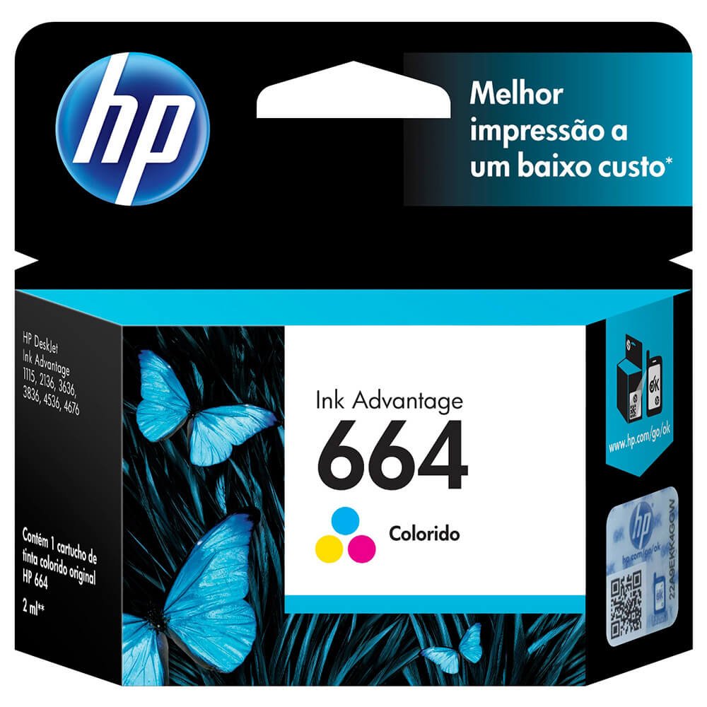 Cartucho Original HP Ink Advantage 664 F6V28AB Color para Impressoras 1115, 2136
