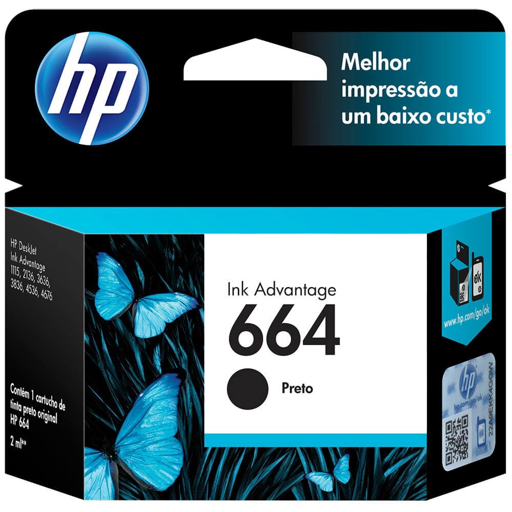 Cartucho Original HP 664 F6V29AB Preto para Impressoras 1115, 2136