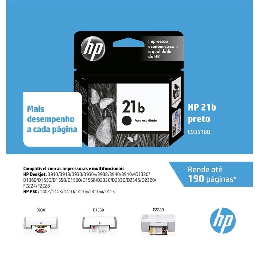 Cartucho Original HP 21 C9351BB Every Day Preto para Impressoras HP Deskjet 3910, 3918