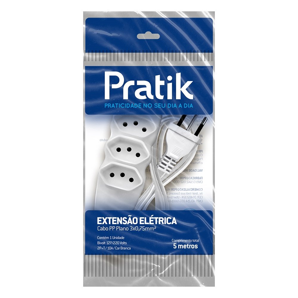 Extensão Pratik Cabo PP 2P+T 3X0,75mm 3 Tomadas 5m Branco