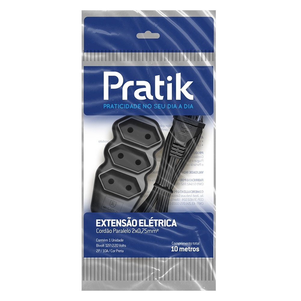 Extensão Pratik Fio Paralelo 2x0,75mm 3 Tomadas 10m Preto