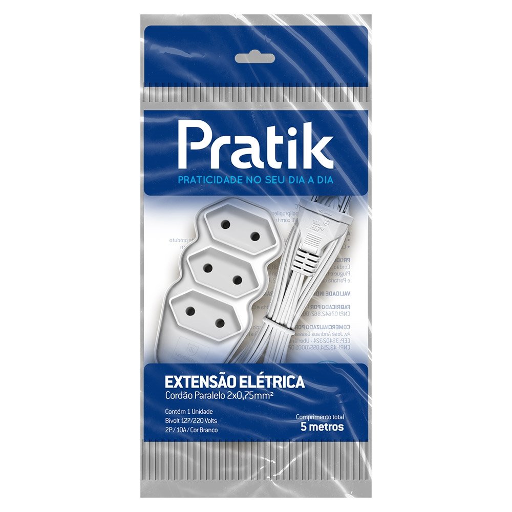 Extensao Pratik Fio Paralelo 2x0,75mm 3 Tomadas 5m Branco