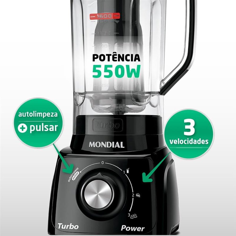Liquidificador Mondial L-99 com Filtro | Copo Cristal, 3 Velocidades + Pulsar, 550W, Preto, 110V