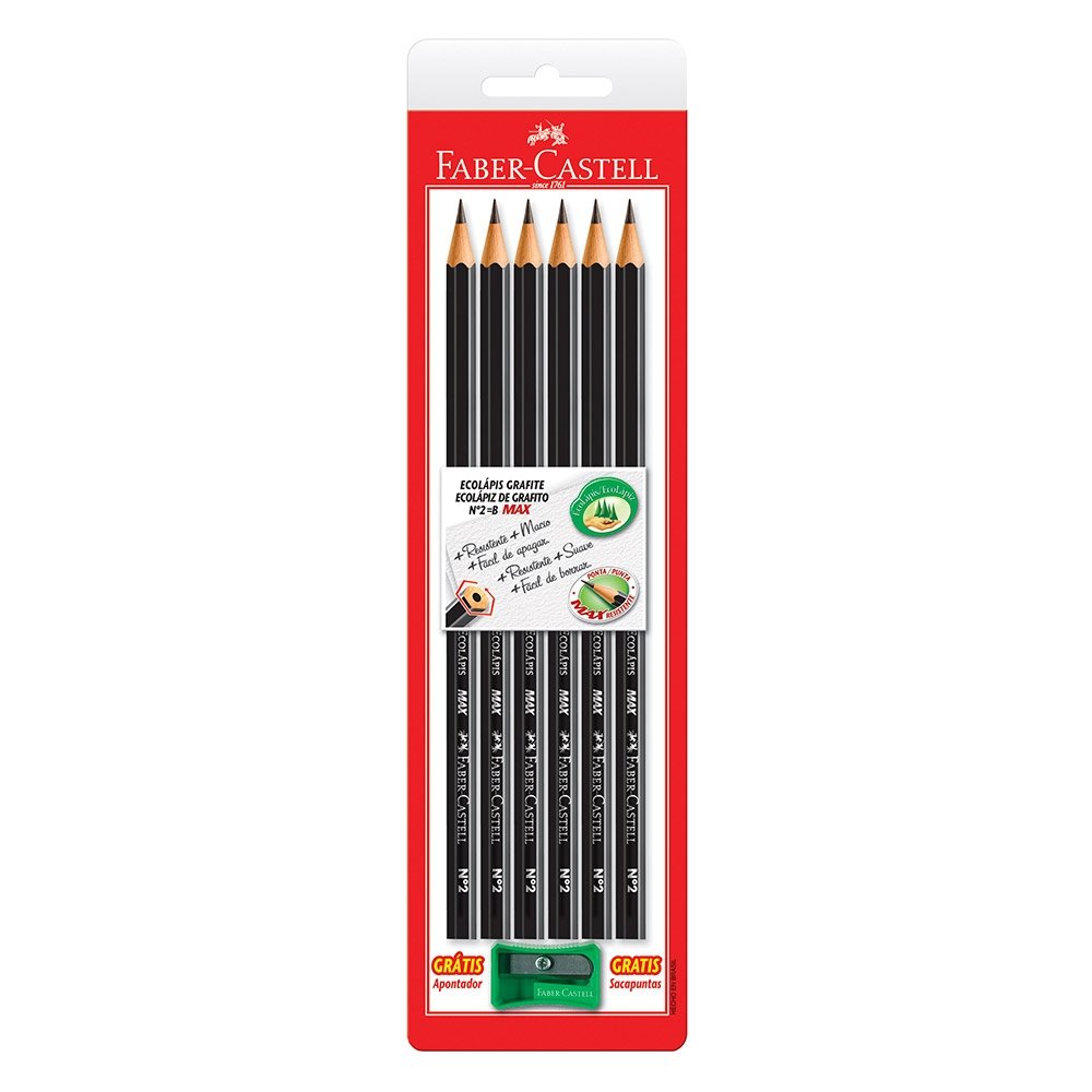 Lápis Faber Castell Max Grafite Preto - 1 Embalagem com 6 Unidades + 1 Apontador Simples