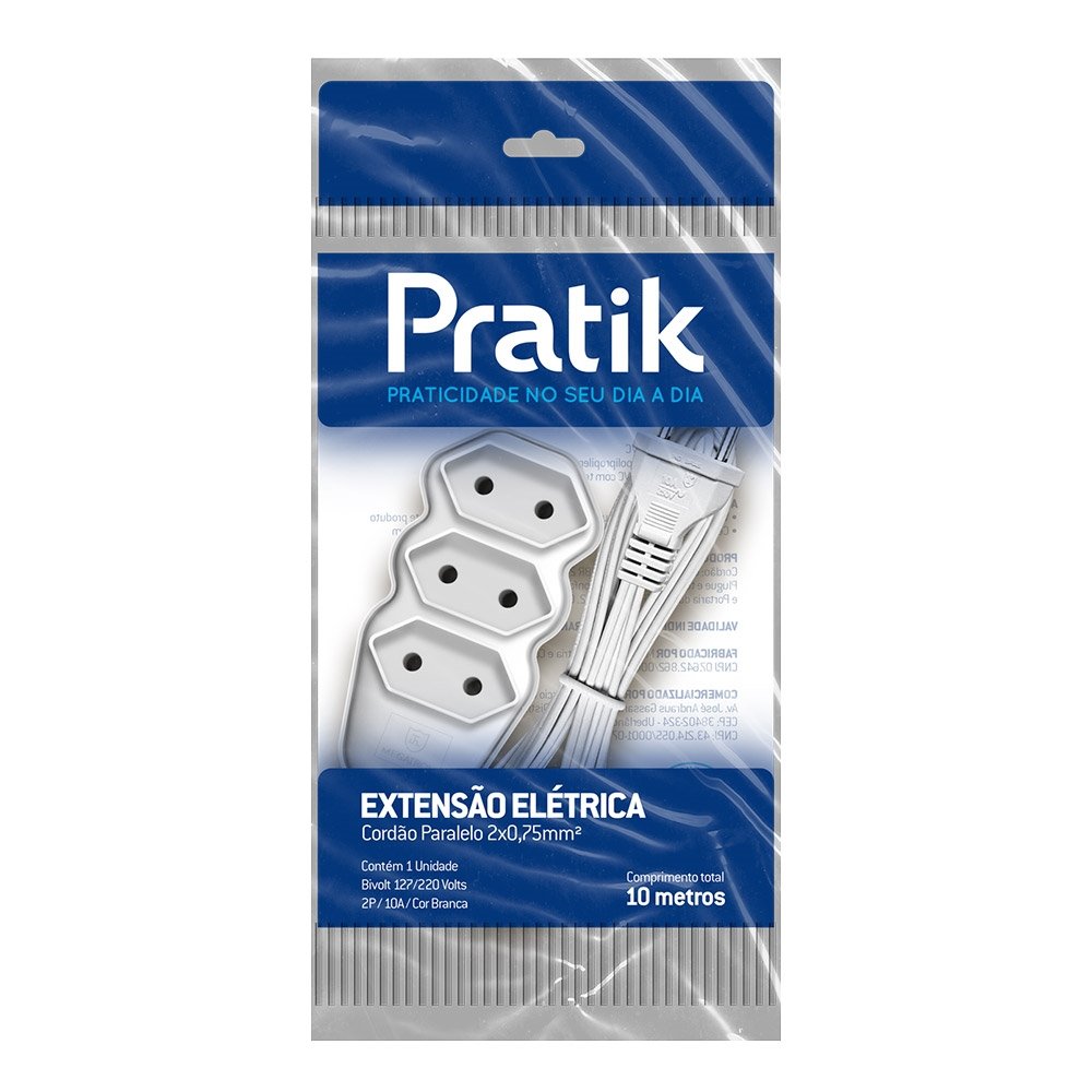 Extensão Pratik Fio Paralelo 2x0,75mm 3 Tomadas 10m Branco