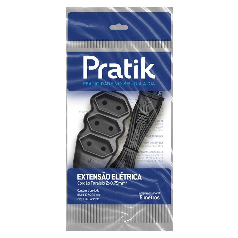 Extensão Pratik Fio Paralelo 2x0,75mm 3 Tomadas 5m Preto