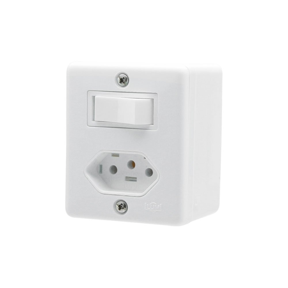 Interruptor Ilumi Linha Box 1 Tecla Simples + Tomada Sobrepor 2p+T Branca 6/10A 250V