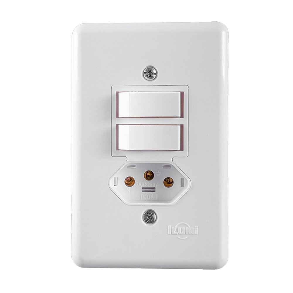 Interruptor Ilumi 2 Teclas Simples + 1 Tomada 2 Polos + Terra Stylus 6A/10A 250V 4x2
