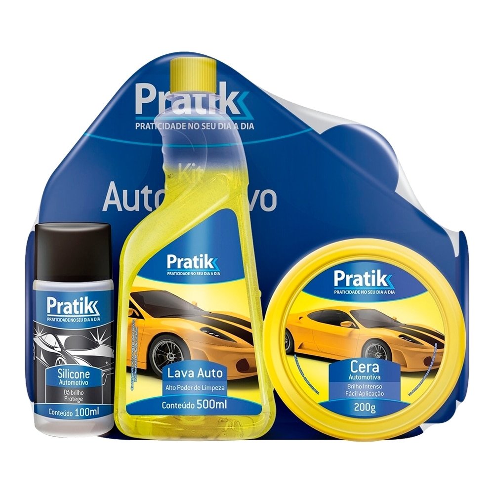 Kit Automotivo Pratik Cera + Silicone + Shampoo