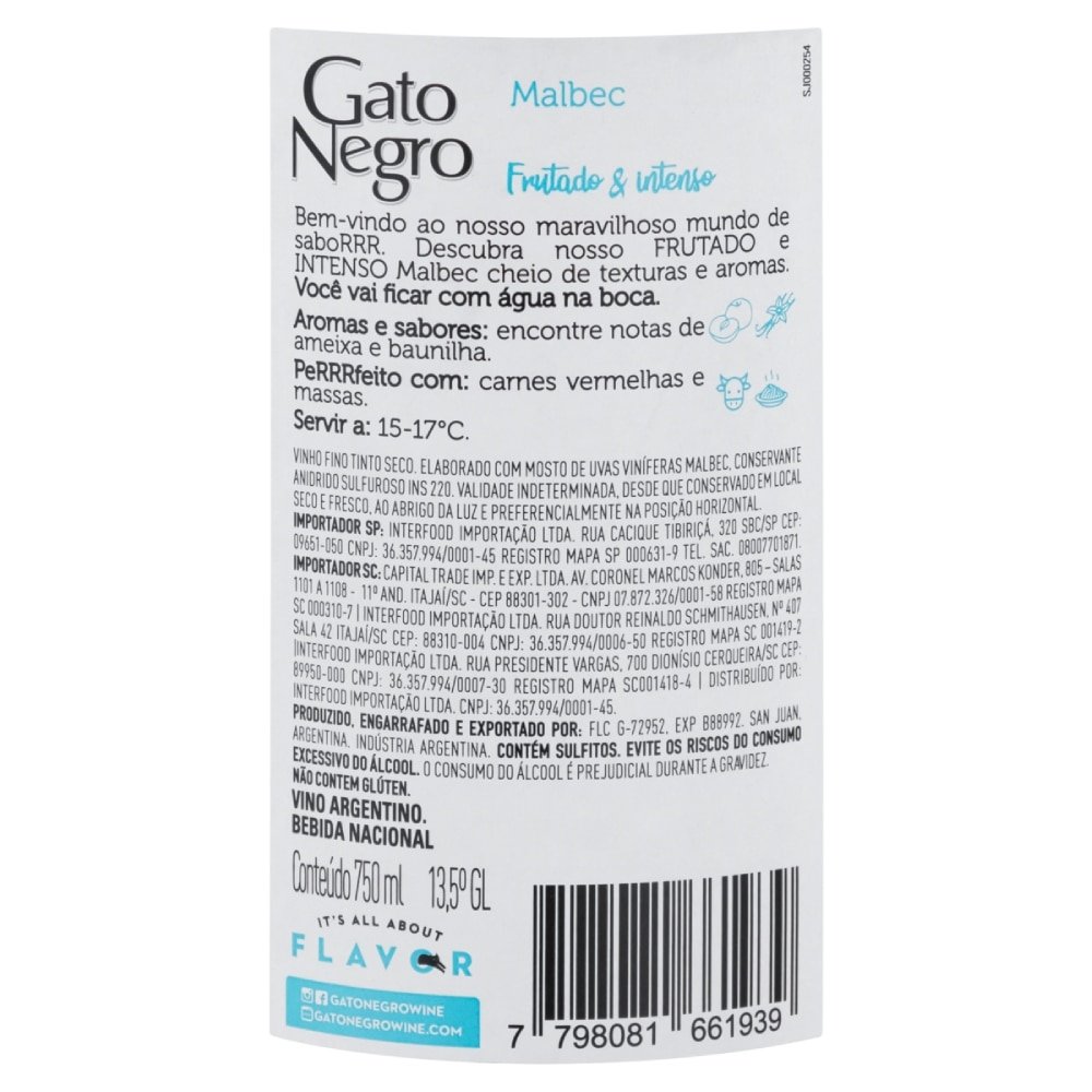Vinho Argentino Gato Negro Malbec Tinto 750ml