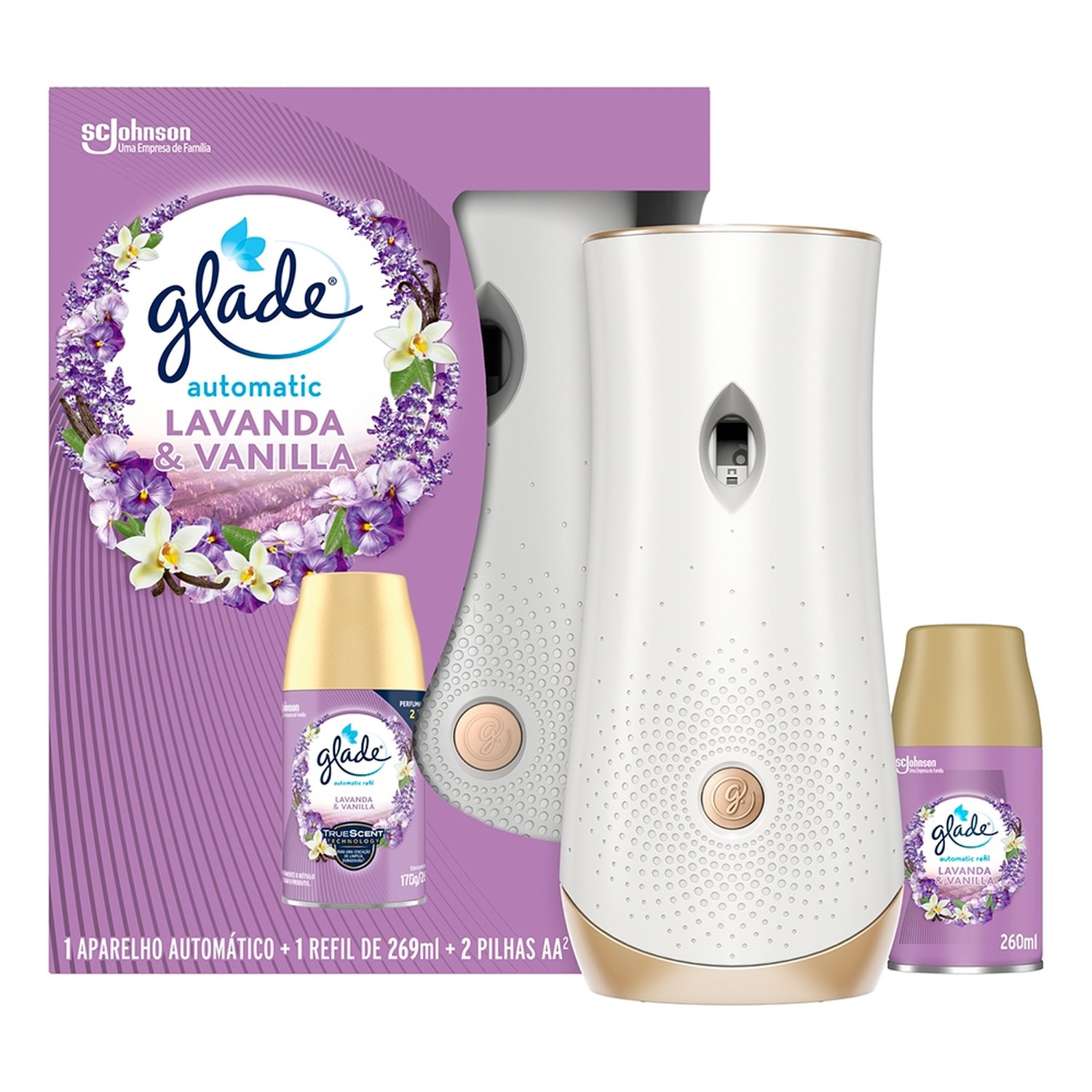 Purificador e Desodorizador de Ar Glade Aparelho Automatic Spray + Refil de Lavanda e Vanilla 170g/260ml + 2 Pilhas AA
