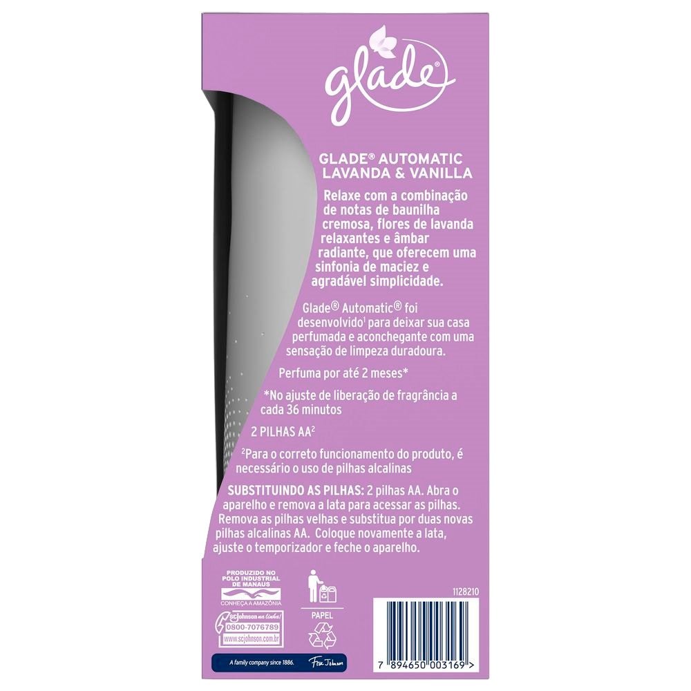 Purificador e Desodorizador de Ar Glade Aparelho Automatic Spray + Refil de Lavanda e Vanilla 175g/269ml + 2 Pilhas AA