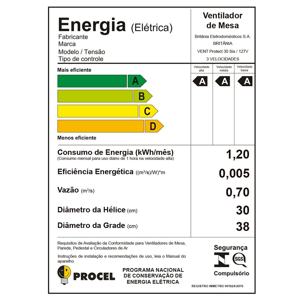 Ventilador de Mesa Britânia 30cm Protect 30, 3 Velocidades, 6 Pás, Preto, 110V