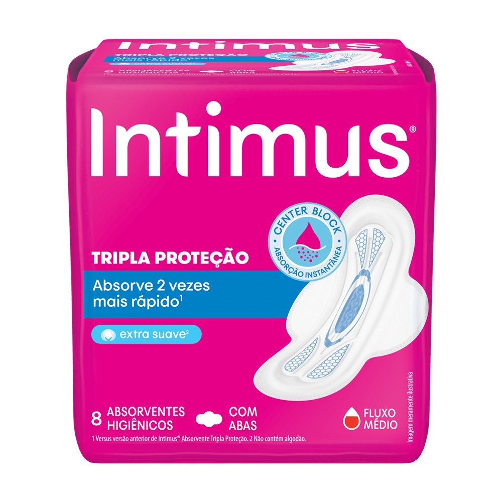 Absorvente Intimus Tripla Proteção Cobertura Extra Suave com Abas - Embalagem com 8 Unidades